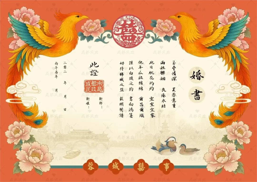 新版“蓉城囍事”主题婚书,大年初一上线